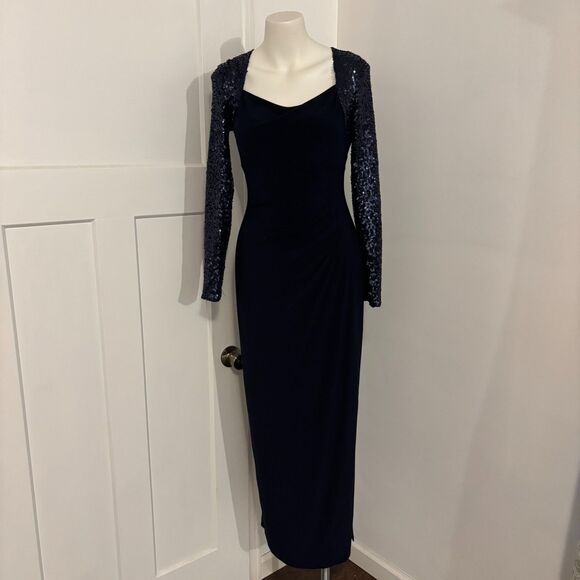 Lauren Ralph Lauren size 2 Formal Sequin Sleeve Detail Navy Blue Long Gown Dress - Picture 1 of 8